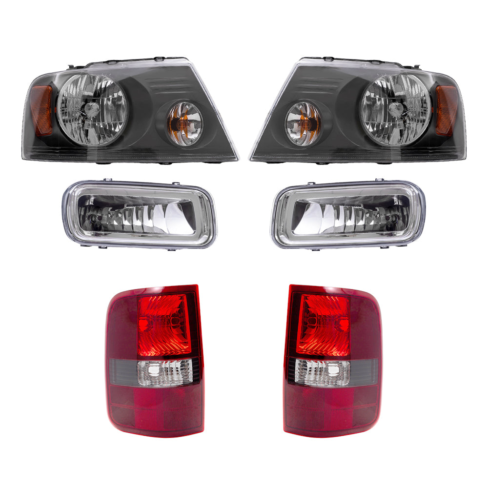 Brock Aftermarket Replacement Driver Left Passenger Right Halogen Combination Headlights-Rectangular Fog Lights-Flareside Tail Lights 6 Piece Set Compatible with 2004-2006 Ford F-150