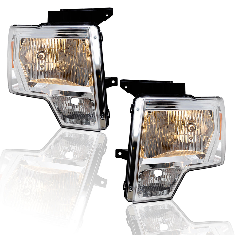 Brock Aftermarket Replacement Driver Left Passenger Right Halogen Combination Headlight Assembly With Chrome Bezel Performance Set Compatible With 2009-2014 Ford F-150