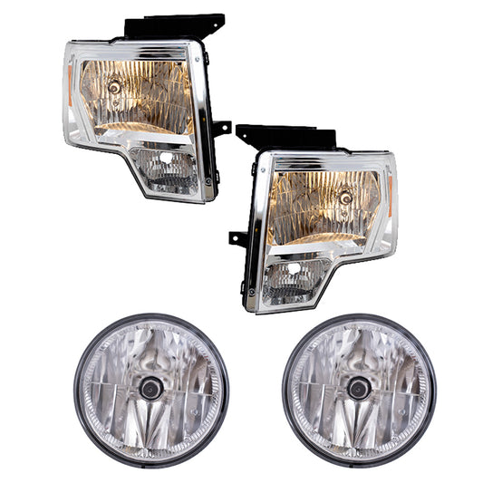 Brock Aftermarket Replacement Driver Left Passenger Right Halogen Combination Headlight Assembly With Chrome Bezel And Fog Lights 4 Piece Performance Set Compatible With 2011-2014 Ford F-150