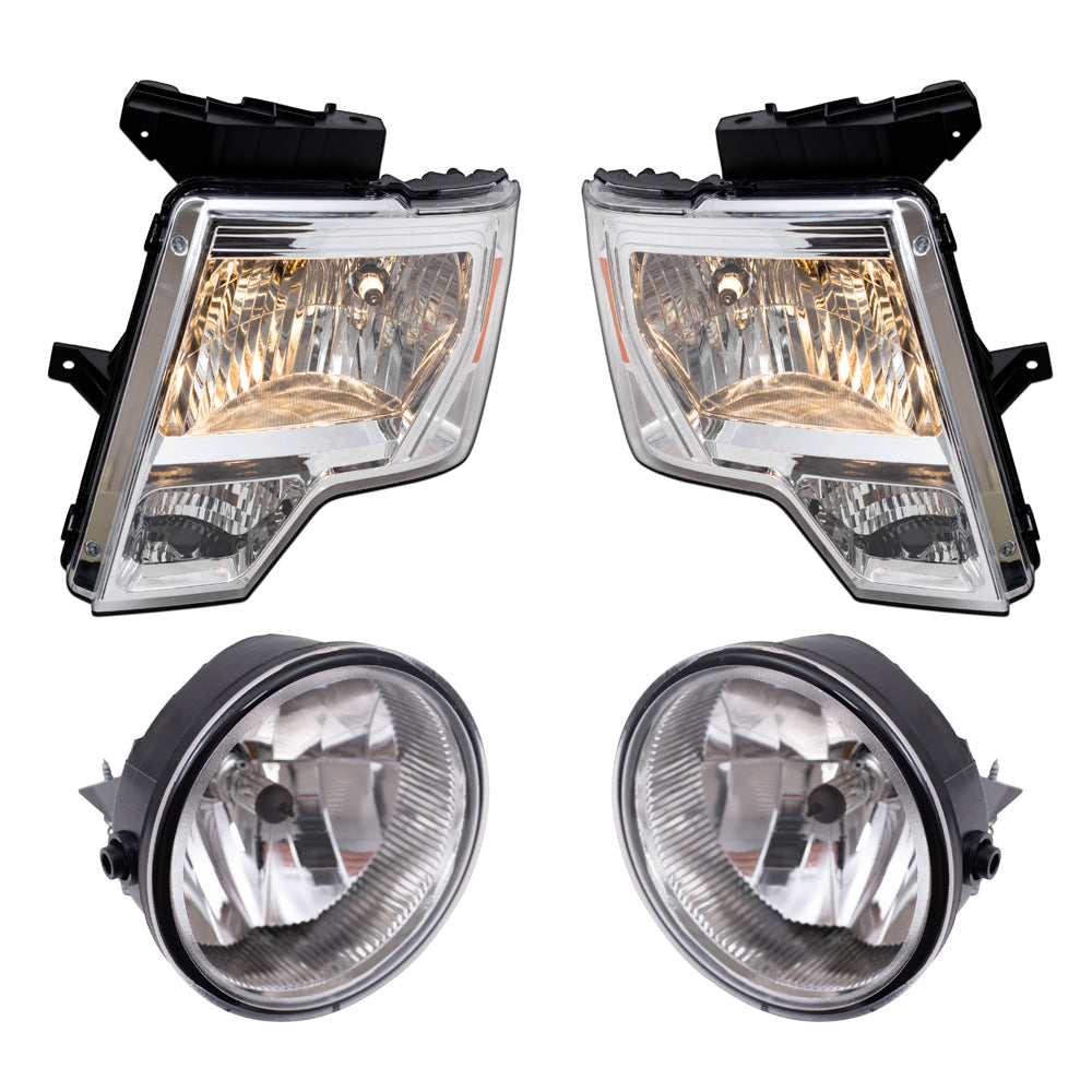 Brock Aftermarket Replacement Driver Left Passenger Right Halogen Combination Headlight Assembly With Chrome Bezel And Fog Lights 4 Piece Performance Set Compatible With 2011-2014 Ford F-150