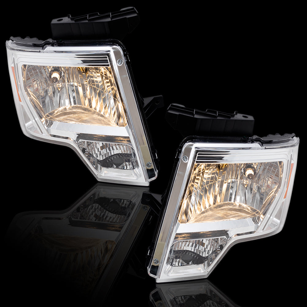 Brock Aftermarket Replacement Driver Left Passenger Right Halogen Combination Headlight Assembly With Chrome Bezel Performance Set Compatible With 2009-2014 Ford F-150