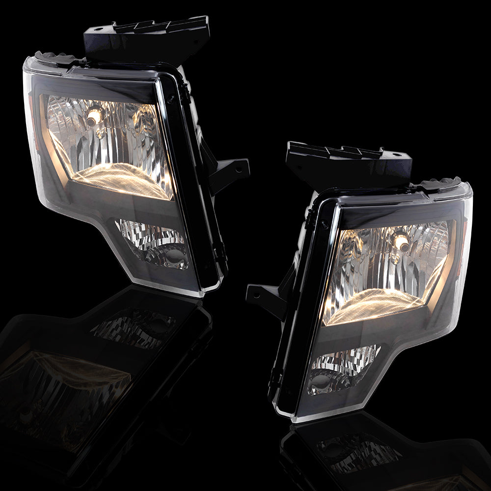 Brock Aftermarket Replacement Driver Left Passenger Right Halogen Combination Headlight Assembly With Black Bezel Performance Set Compatible With 2009-2014 Ford F-150