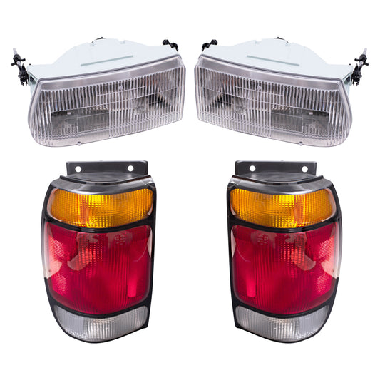 Brock Aftermarket Replacement Driver Left Passenger Right Halogen Headlight And Combination Tail Light 4 Piece Set Compatible with 1995-1997 Ford Explorer