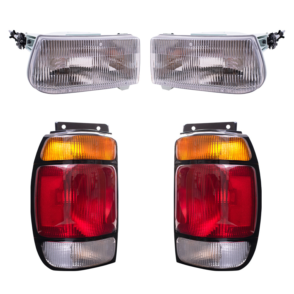 Brock Aftermarket Replacement Driver Left Passenger Right Halogen Headlight And Combination Tail Light 4 Piece Set Compatible with 1995-1997 Ford Explorer