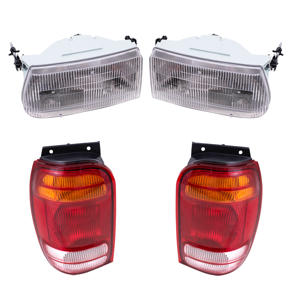 Brock Aftermarket Replacement Driver Left Passenger Right Halogen Headlight And Combination Tail Light 4 Piece Set Compatible with 1998-2001 Ford Explorer