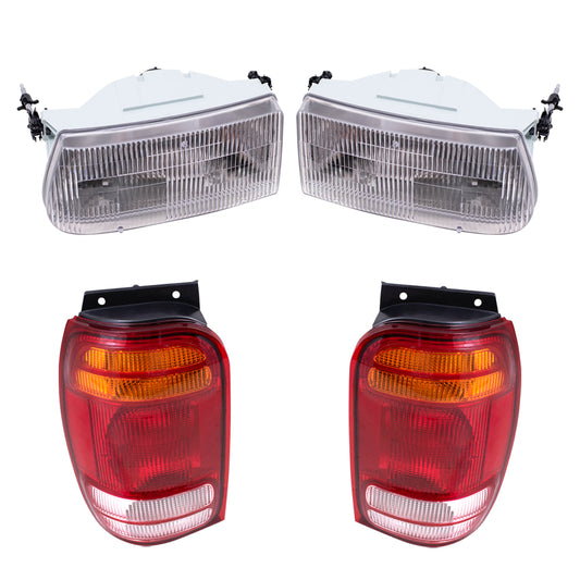 Brock Aftermarket Replacement Driver Left Passenger Right Halogen Headlight And Combination Tail Light 4 Piece Set Compatible with 1998-2001 Ford Explorer