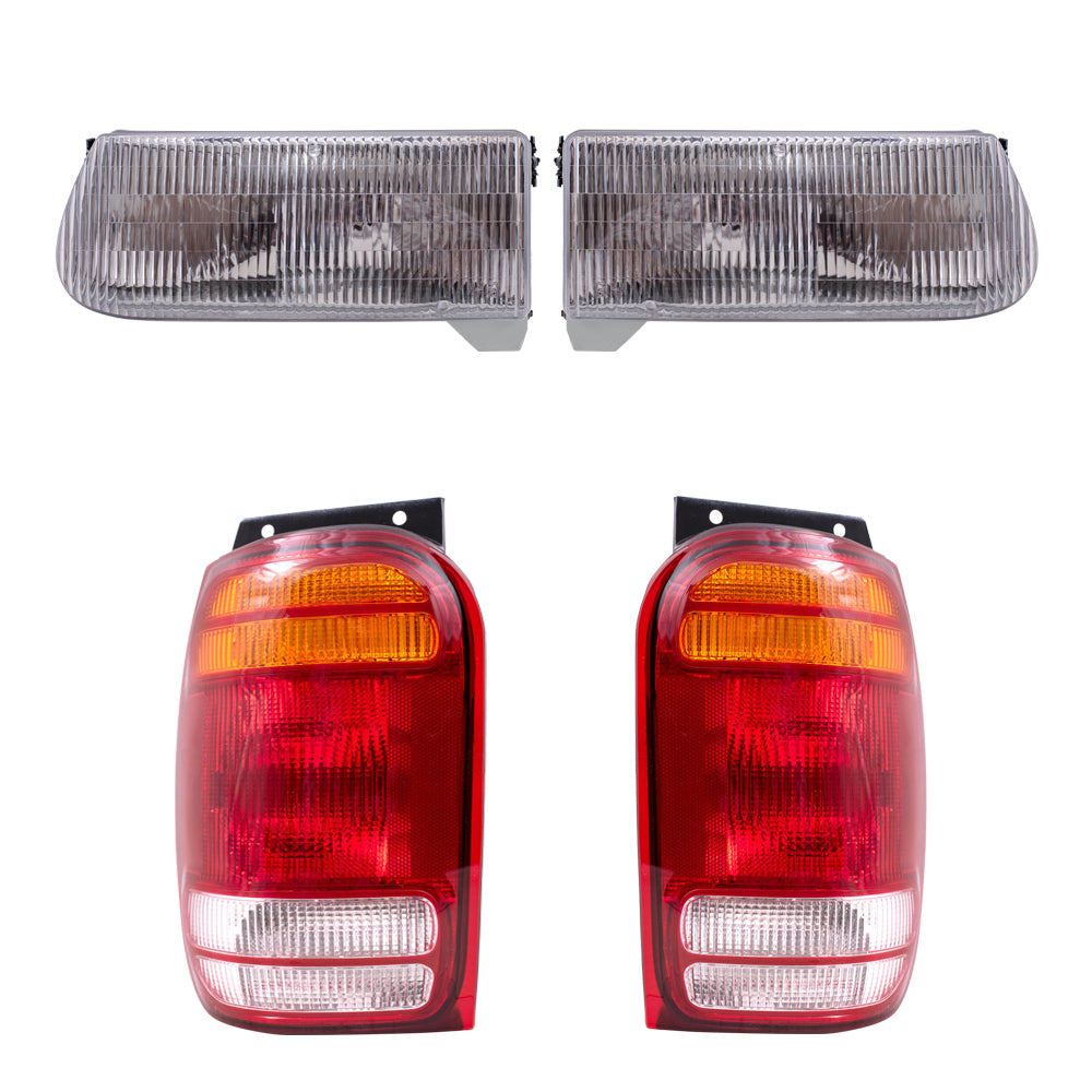 Brock Aftermarket Replacement Driver Left Passenger Right Halogen Headlight And Combination Tail Light 4 Piece Set Compatible with 1998-2001 Ford Explorer