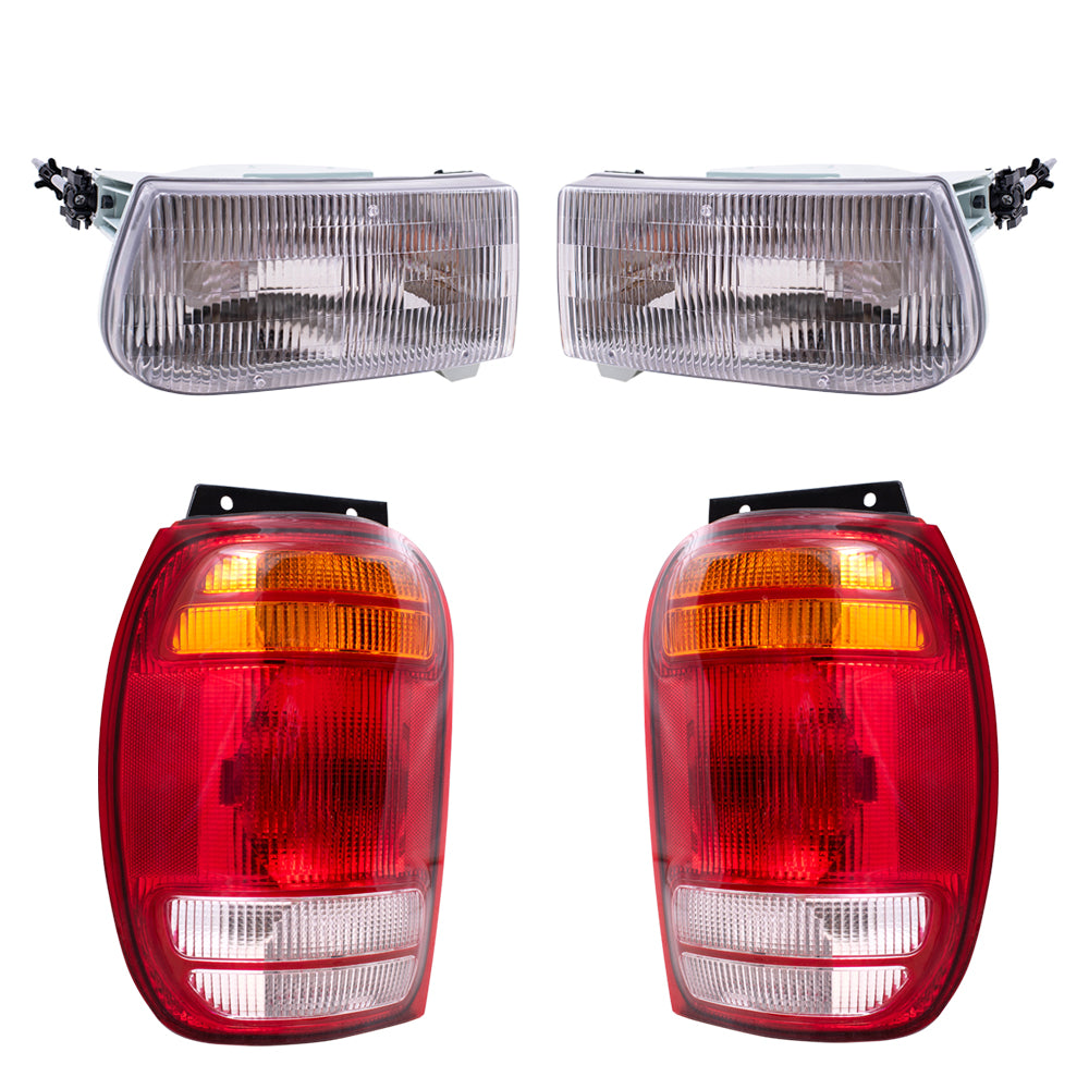 Brock Aftermarket Replacement Driver Left Passenger Right Halogen Headlight And Combination Tail Light 4 Piece Set Compatible with 1998-2001 Ford Explorer
