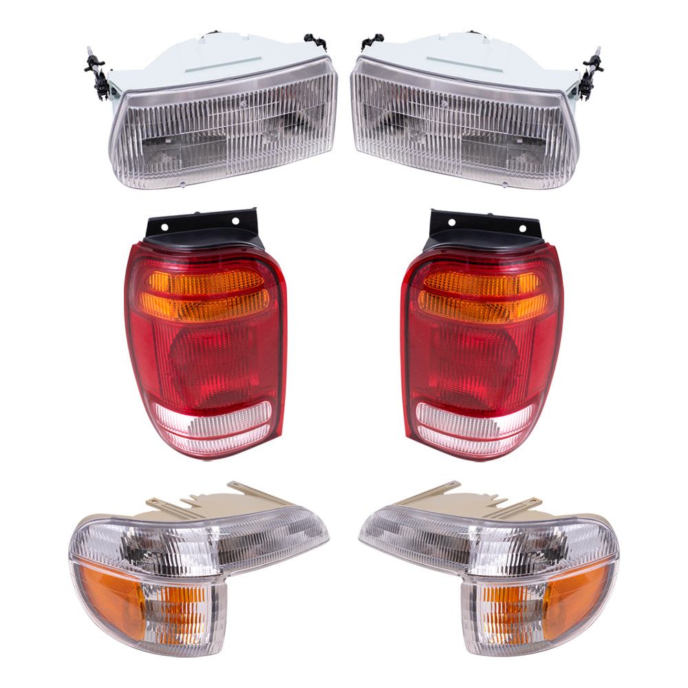 Brock Aftermarket Replacement Driver Left Passenger Right Headlight-Park/Signal/Side Marker Light-Tail Light 6 Piece Set Compatible with 1998-2001 Ford Explorer