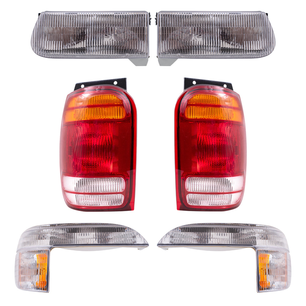 Brock Aftermarket Replacement Driver Left Passenger Right Headlight-Park/Signal/Side Marker Light-Tail Light 6 Piece Set Compatible with 1998-2001 Ford Explorer
