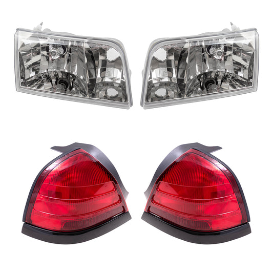 Brock Aftermarket Replacement Driver Left Passenger Right Halogen Headlights and Tail Lights with Red Lens-Black-Trim-2 Bulbs 4 Piece Set Compatible with 1999-2011 Ford Crown Victoria