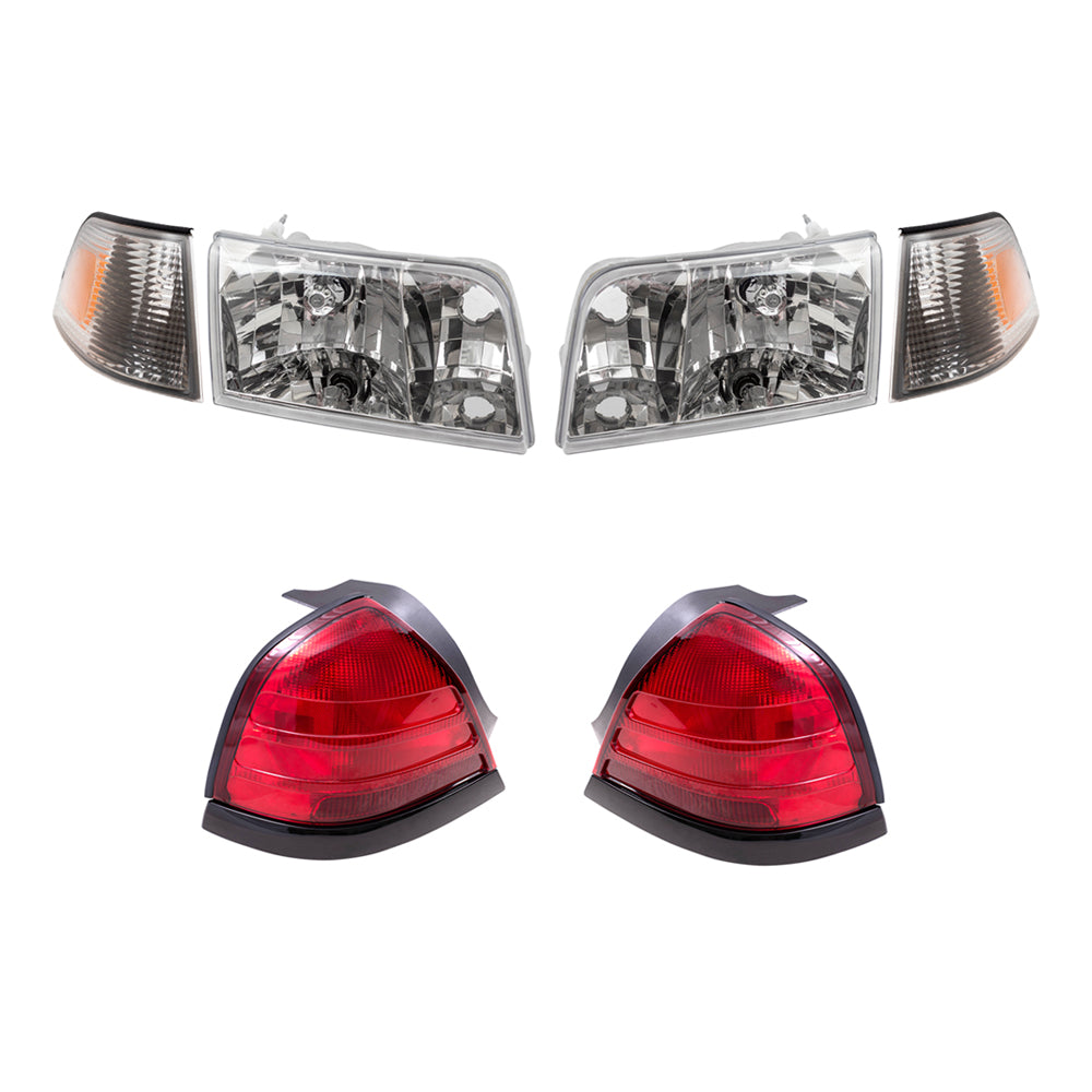 Brock Aftermarket Replacement Driver Left Passenger Right Headlights, Park/Side Marker Lights, & Tail Lights with Red Lens-Black-Trim-2 Bulbs 6 Pc Set Compatible with 1999-2011 Ford Crown Victoria