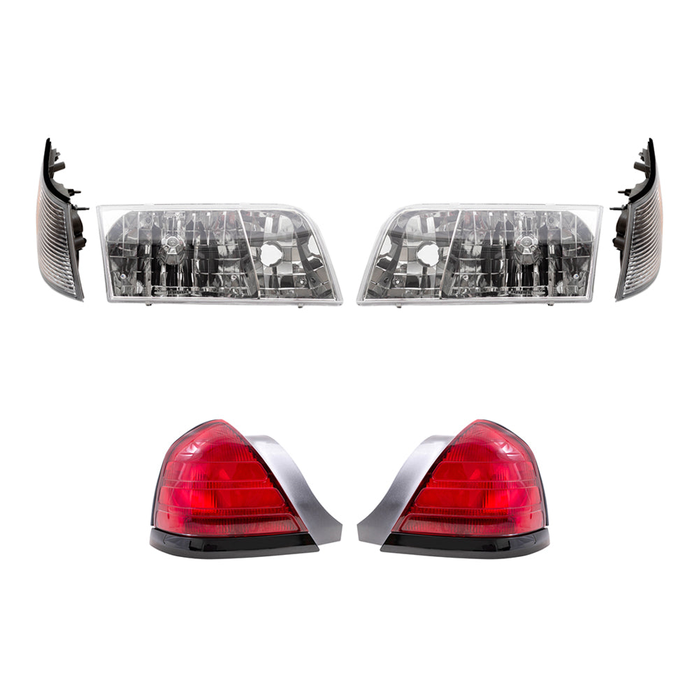 Brock Aftermarket Replacement Driver Left Passenger Right Headlights, Park/Side Marker Lights, & Tail Lights with Red Lens-Black-Trim-2 Bulbs 6 Pc Set Compatible with 1999-2011 Ford Crown Victoria