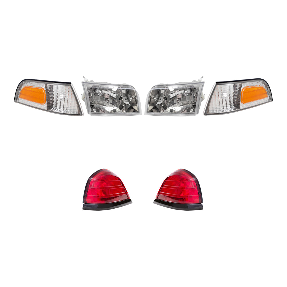 Brock Aftermarket Replacement Driver Left Passenger Right Headlights, Park/Side Marker Lights, & Tail Lights with Red Lens-Black-Trim-2 Bulbs 6 Pc Set Compatible with 1999-2011 Ford Crown Victoria