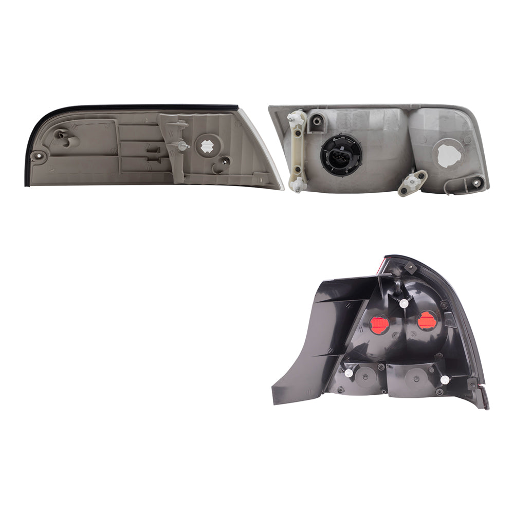 Brock Aftermarket Replacement Driver Left Passenger Right Headlights, Park/Side Marker Lights, & Tail Lights with Red Lens-Black-Trim-2 Bulbs 6 Pc Set Compatible with 1999-2011 Ford Crown Victoria