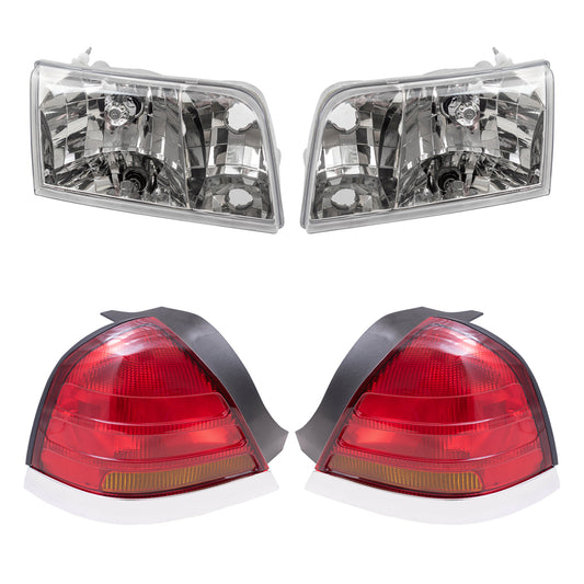 Brock Aftermarket Replacement Part Driver & Passenger Side Halogen Headlight Assemblies and Tail Light Units with Red-Amber Lens-4 Bulbs 4 Piece Set Compatible with 1999-2011 Ford Crown Victoria