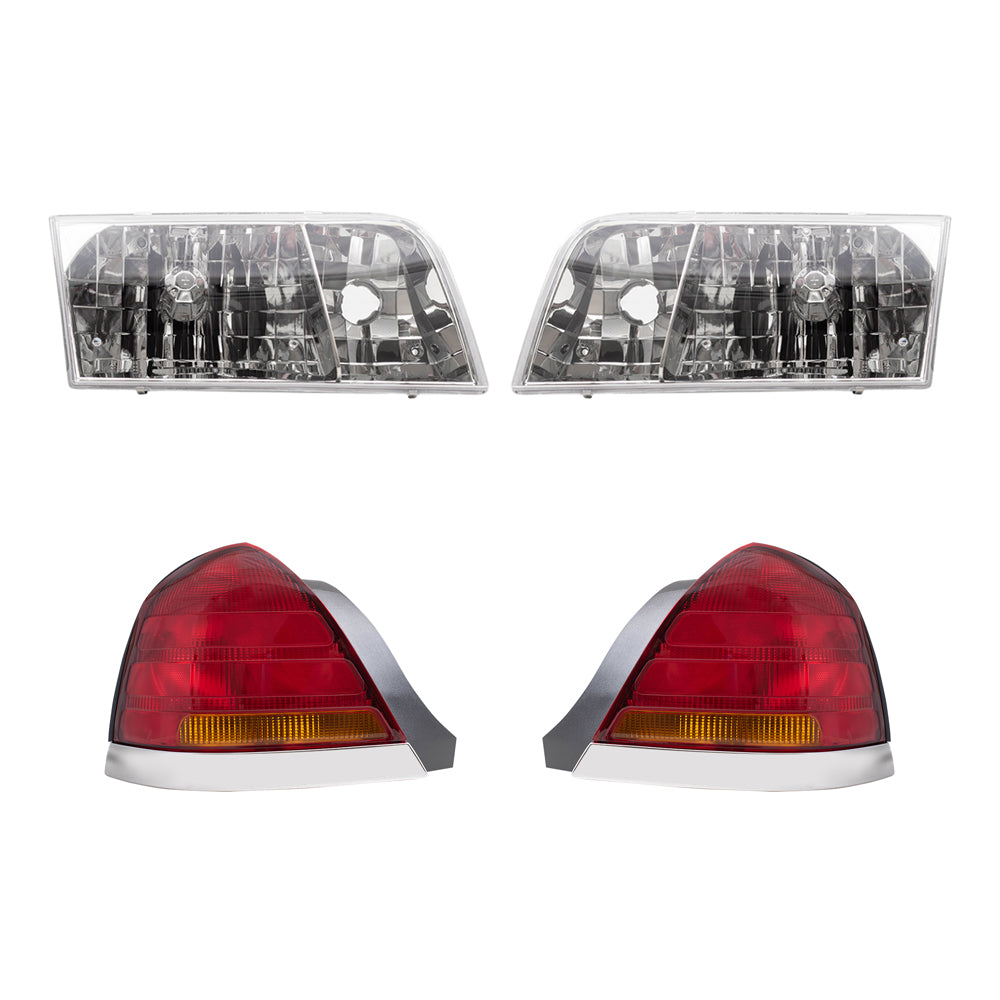 Brock Aftermarket Replacement Part Driver & Passenger Side Halogen Headlight Assemblies and Tail Light Units with Red-Amber Lens-4 Bulbs 4 Piece Set Compatible with 1999-2011 Ford Crown Victoria