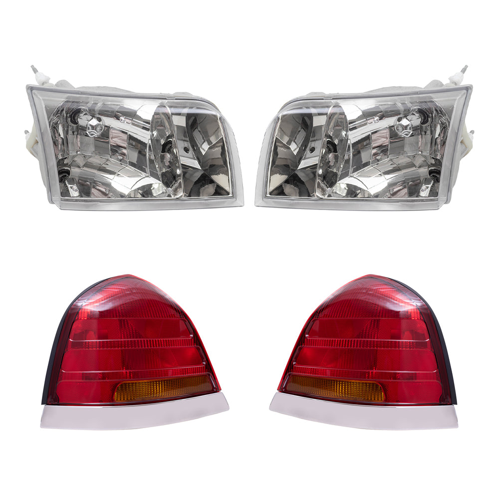 Brock Aftermarket Replacement Part Driver & Passenger Side Halogen Headlight Assemblies and Tail Light Units with Red-Amber Lens-4 Bulbs 4 Piece Set Compatible with 1999-2011 Ford Crown Victoria