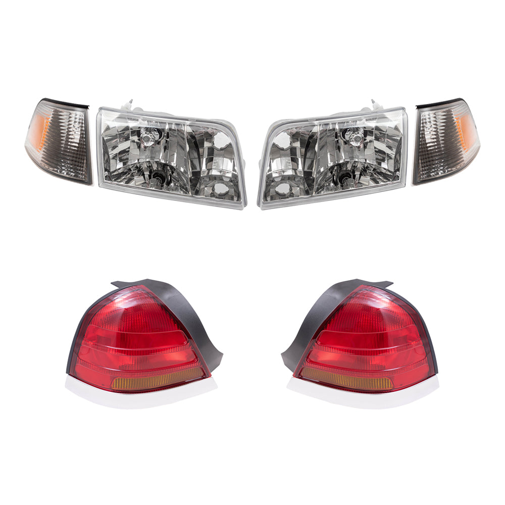Brock Aftermarket Replacement Driver Left Passenger Right Headlights-Park/Side Marker Lights -Tail Lights with Red-Amber Lens-4 Bulb Sockets 6 Pc Set Compatible with 1998-2003 Ford Crown Victoria