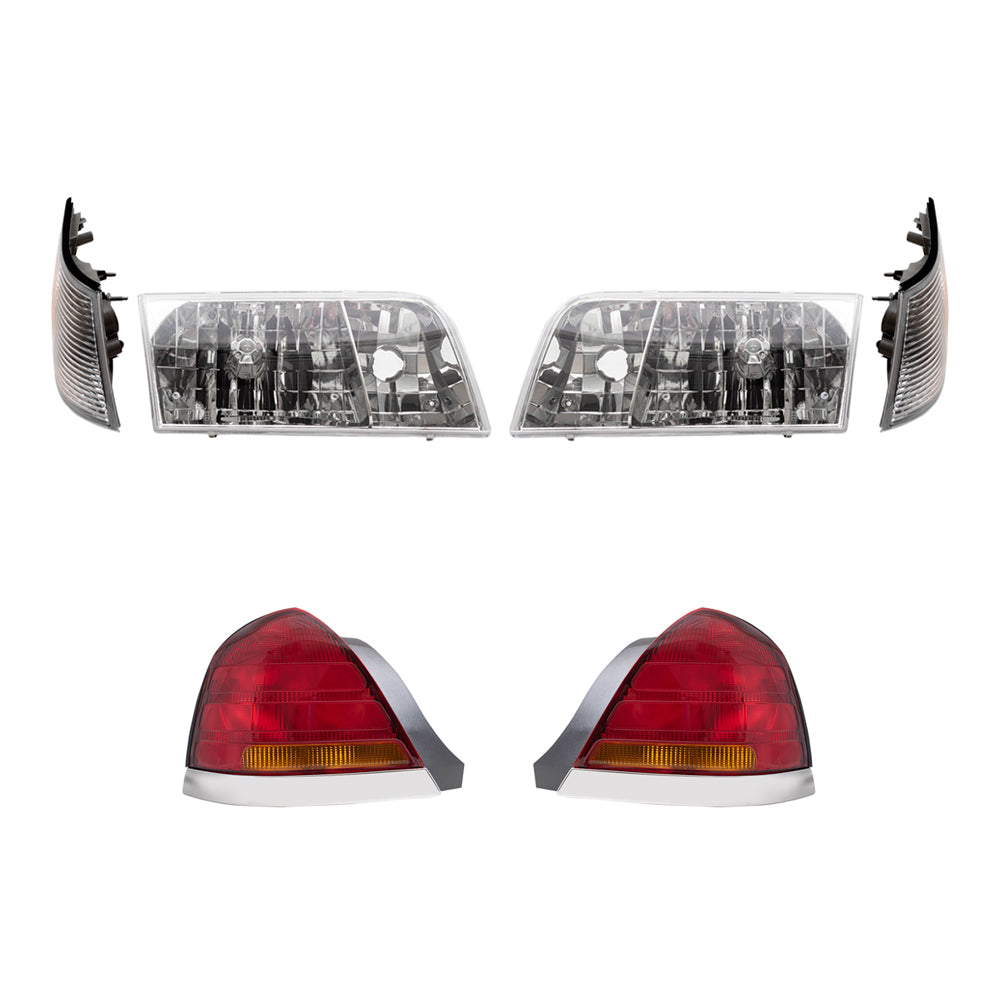 Brock Aftermarket Replacement Driver Left Passenger Right Headlights-Park/Side Marker Lights -Tail Lights with Red-Amber Lens-4 Bulb Sockets 6 Pc Set Compatible with 1998-2003 Ford Crown Victoria