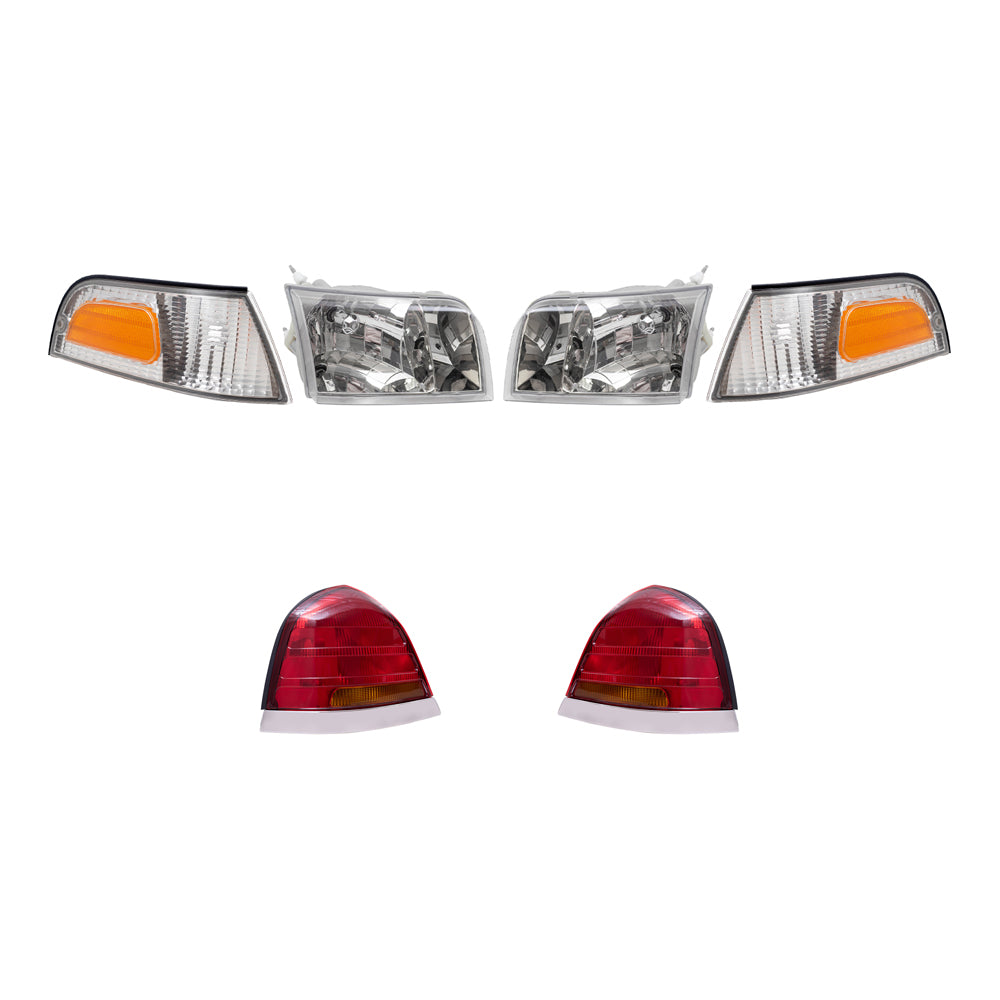 Brock Aftermarket Replacement Driver Left Passenger Right Headlights-Park/Side Marker Lights -Tail Lights with Red-Amber Lens-4 Bulb Sockets 6 Pc Set Compatible with 1998-2003 Ford Crown Victoria