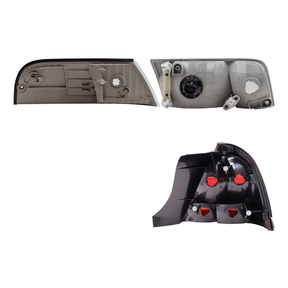 Brock Aftermarket Replacement Driver Left Passenger Right Headlights-Park/Side Marker Lights -Tail Lights with Red-Amber Lens-4 Bulb Sockets 6 Pc Set Compatible with 1998-2003 Ford Crown Victoria