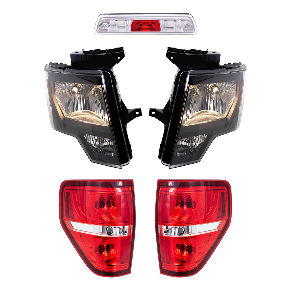 Brock Replacement Driver & Passenger Side Halogen Combination Headlights, Tail Lights, & 3rd Brake Light 5 Pc Performance Set Compatible with 09-14 Ford F-150 Styleside