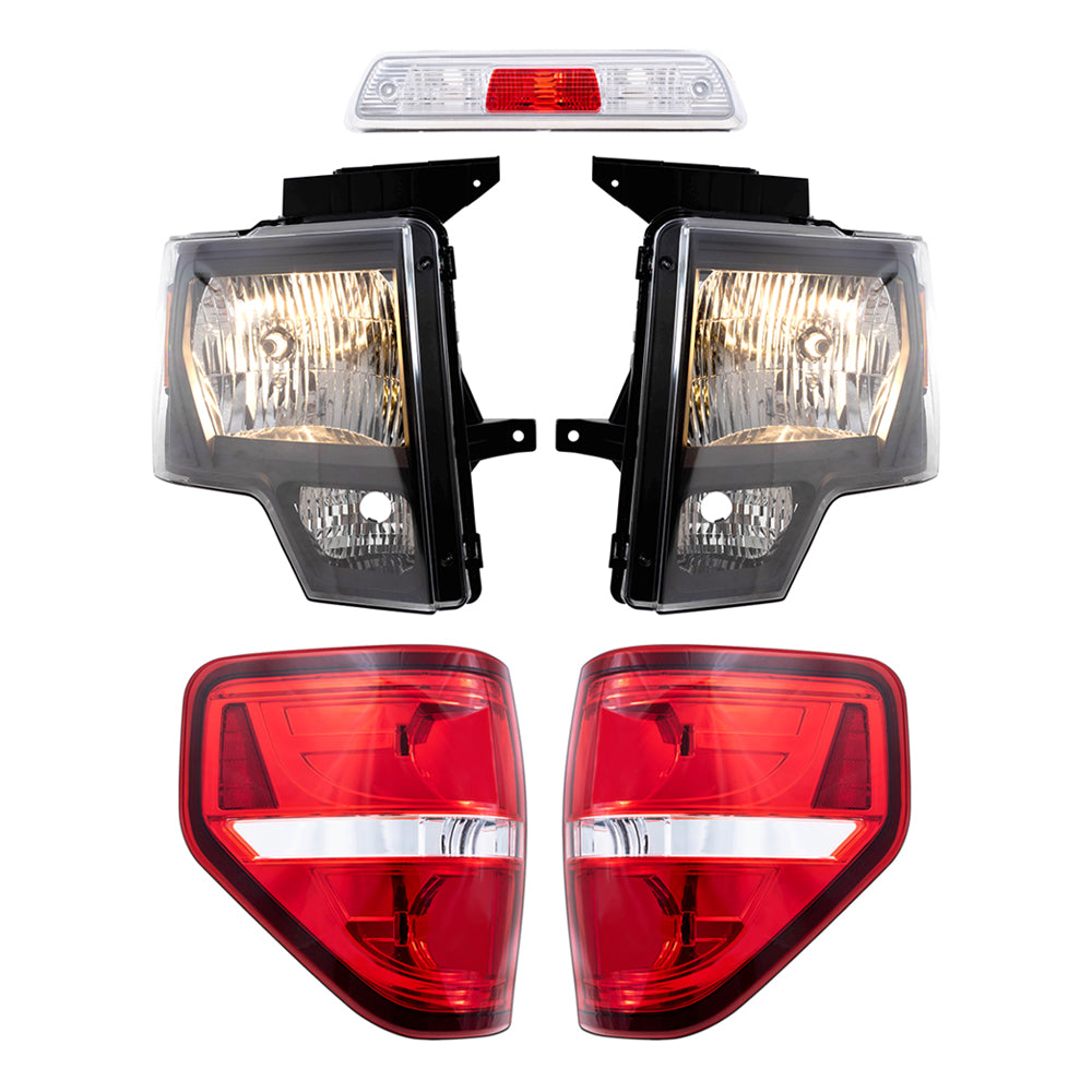 Brock Replacement Driver & Passenger Side Halogen Combination Headlights, Tail Lights, & 3rd Brake Light 5 Pc Performance Set Compatible with 09-14 Ford F-150 Styleside