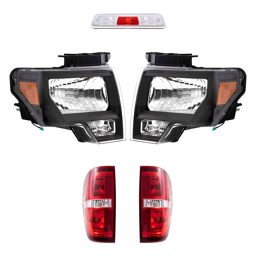 Brock Replacement Driver & Passenger Side Halogen Combination Headlights, Tail Lights, & 3rd Brake Light 5 Pc Performance Set Compatible with 09-14 Ford F-150 Styleside