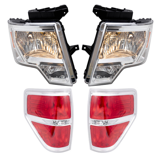 Brock Aftermarket Replacement Part Driver & Passenger Side Halogen Combination Headlights with Chrome Trim & Tail Lights with Chrome Trim Performance Set Compatible with 2009-2014 Ford F-150 Styleside