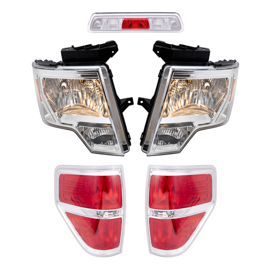 Brock Aftermarket Replacement Part Driver & Passenger Side Halogen Combination Headlights, Tail Lights, & 3rd brake Light Unit 5 Pc Performance Set Compatible with 2009-2014 Ford F-150 Styleside