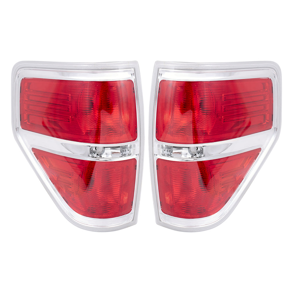 Brock Replacement Driver and Passenger Taillights Tail Lamps with Chrome Trim Compatible with 2009-2014 F150 Styleside Pickup Truck