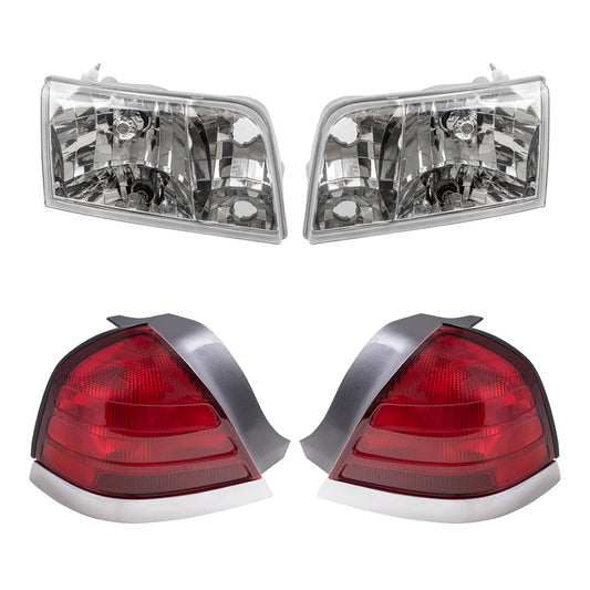 Brock Aftermarket Replacement Driver Left Passenger Right Halogen Headlights-Tail Lights with Red Lens-Chrome Trim-2 Bulb Sockets 4 Piece Set Compatible with 1999-2011 Ford Crown Victoria