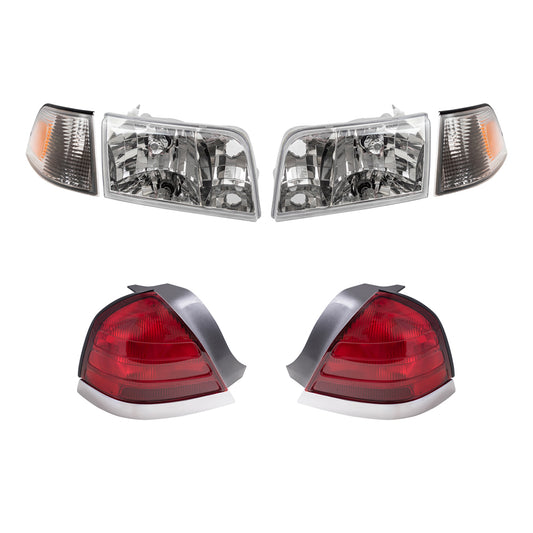 Brock Aftermarket Replacement Driver Left Passenger Right Halogen Headlights-Tail Lights with Red Lens-Chrome Trim-2 Bulb Sockets 4 Piece Set Compatible with 1999-2011 Ford Crown Victoria