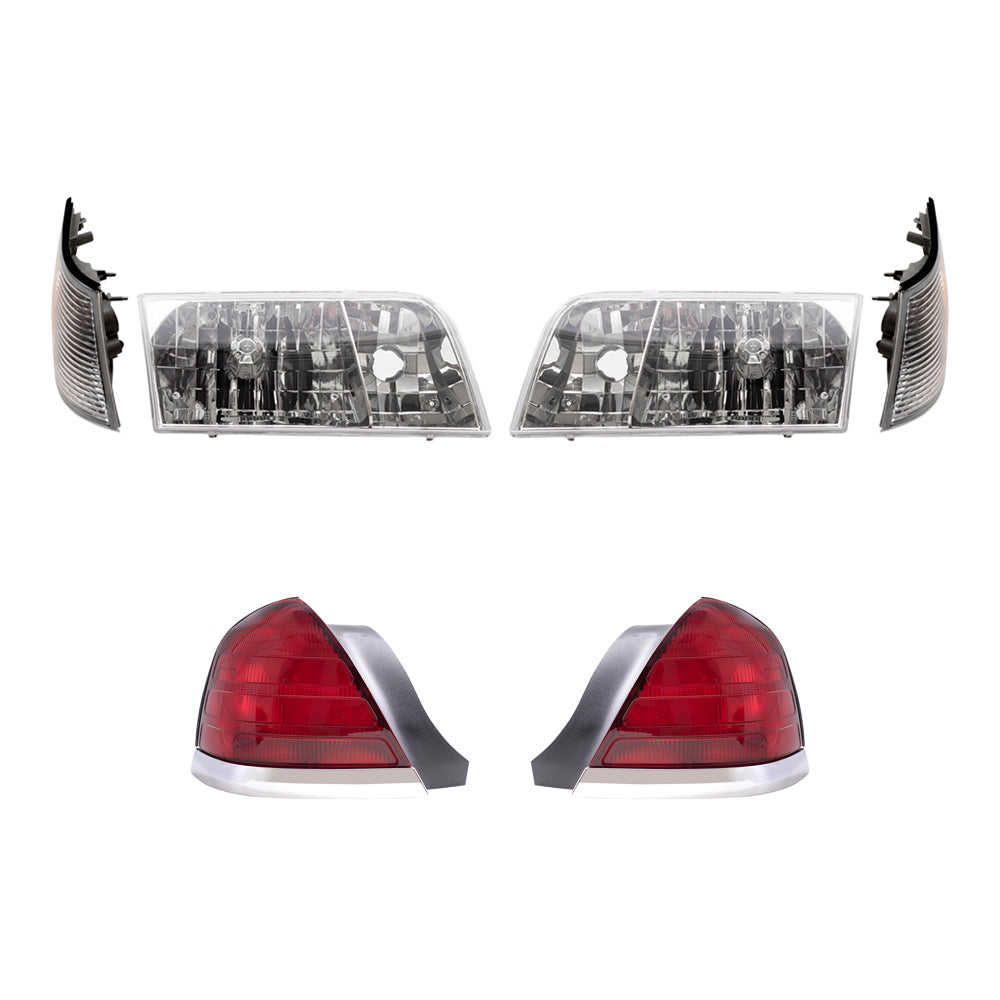 Brock Aftermarket Replacement Driver Left Passenger Right Halogen Headlights-Tail Lights with Red Lens-Chrome Trim-2 Bulb Sockets 4 Piece Set Compatible with 1999-2011 Ford Crown Victoria