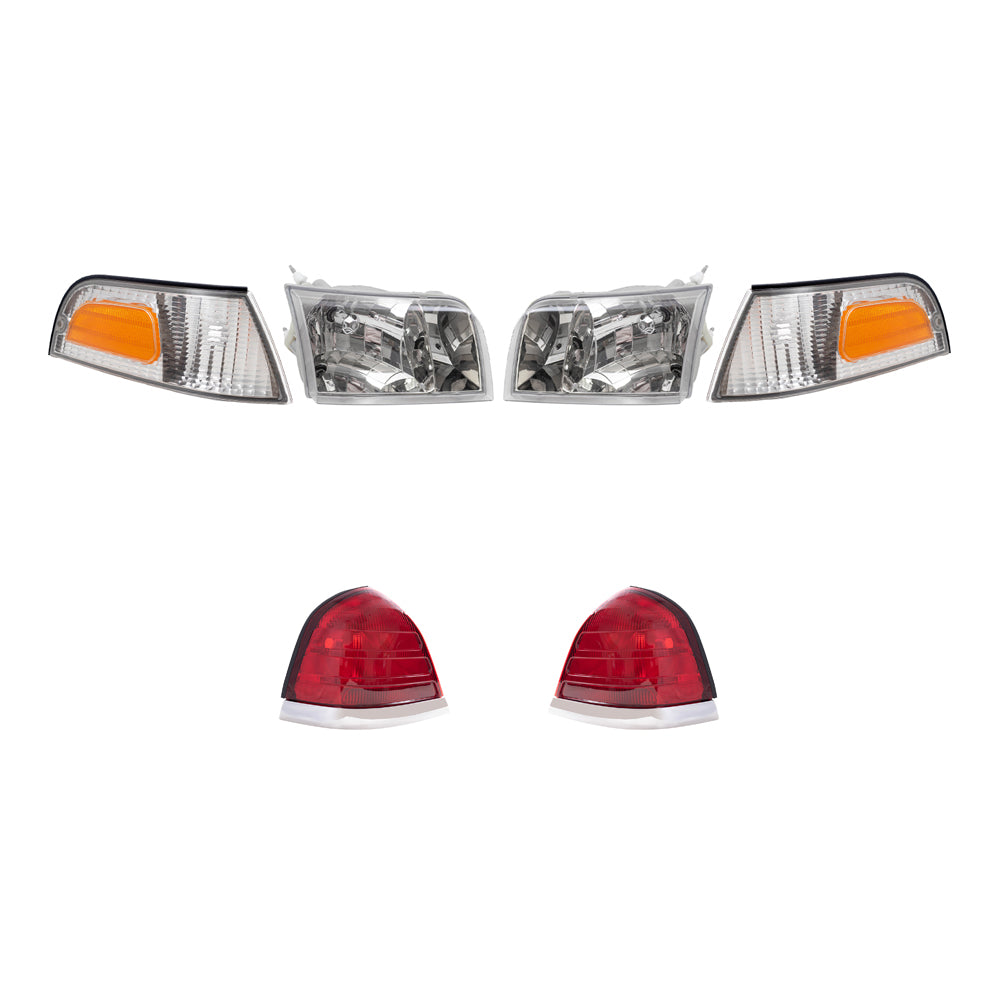 Brock Aftermarket Replacement Driver Left Passenger Right Halogen Headlights-Tail Lights with Red Lens-Chrome Trim-2 Bulb Sockets 4 Piece Set Compatible with 1999-2011 Ford Crown Victoria