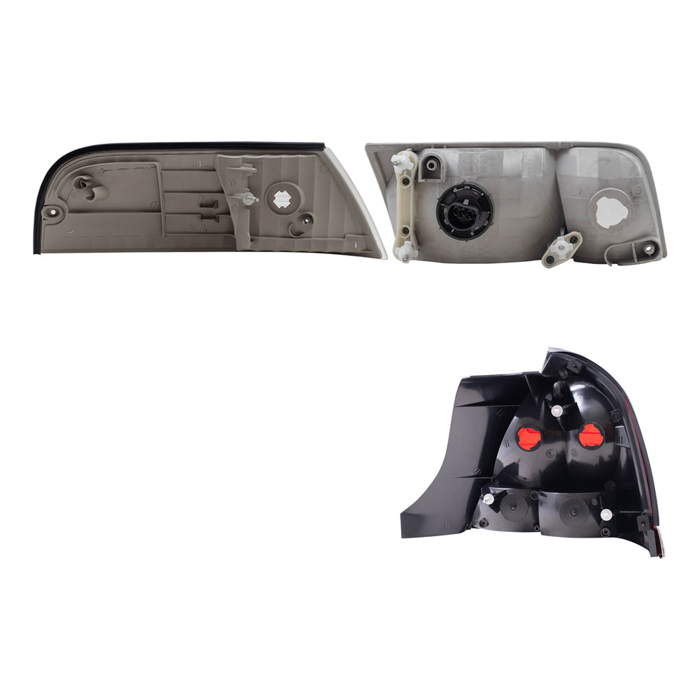 Brock Aftermarket Replacement Driver Left Passenger Right Halogen Headlights-Tail Lights with Red Lens-Chrome Trim-2 Bulb Sockets 4 Piece Set Compatible with 1999-2011 Ford Crown Victoria