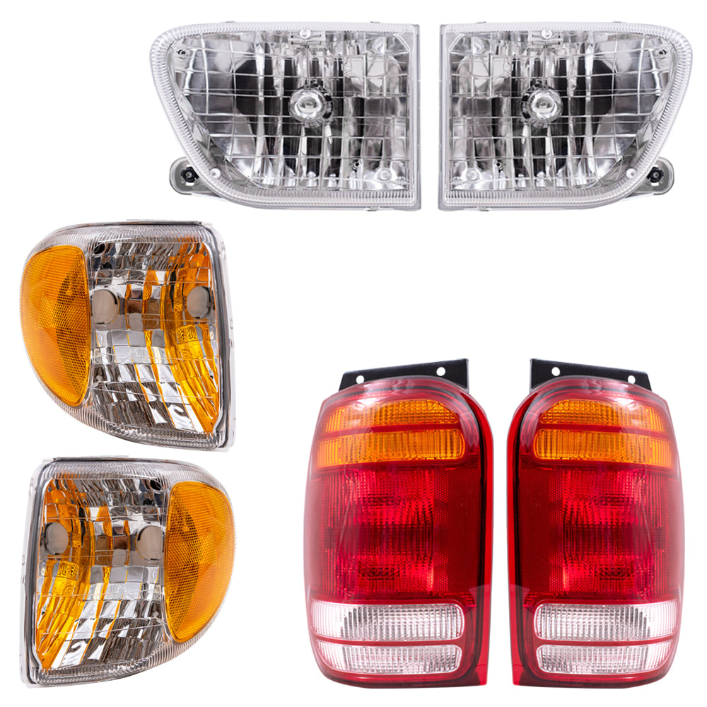 Brock Aftermarket Replacement Driver Left Passenger Right Headlight-Park/Signal Light-Tail Light 6 Piece Set Compatible with 1998-2001 Mercury Mountaineer