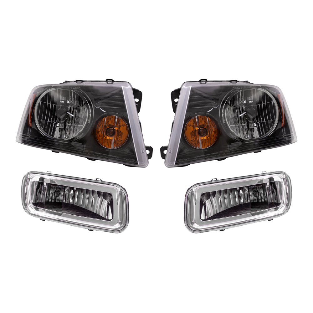 Brock Aftermarket Replacement Driver Left Passenger Right Headlights with Black Bezel and Rectangular Fog Lights 4 Piece Set Compatible with 2004-2006 Ford F-150