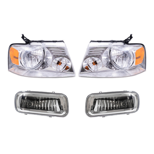 Brock Aftermarket Replacement Driver Left Passenger Right Halogen Combination Headlight Set with Chrome Bezel-Rectangular Fog Lights 4 Piece Set Compatible with 2004-2006 Ford F-150
