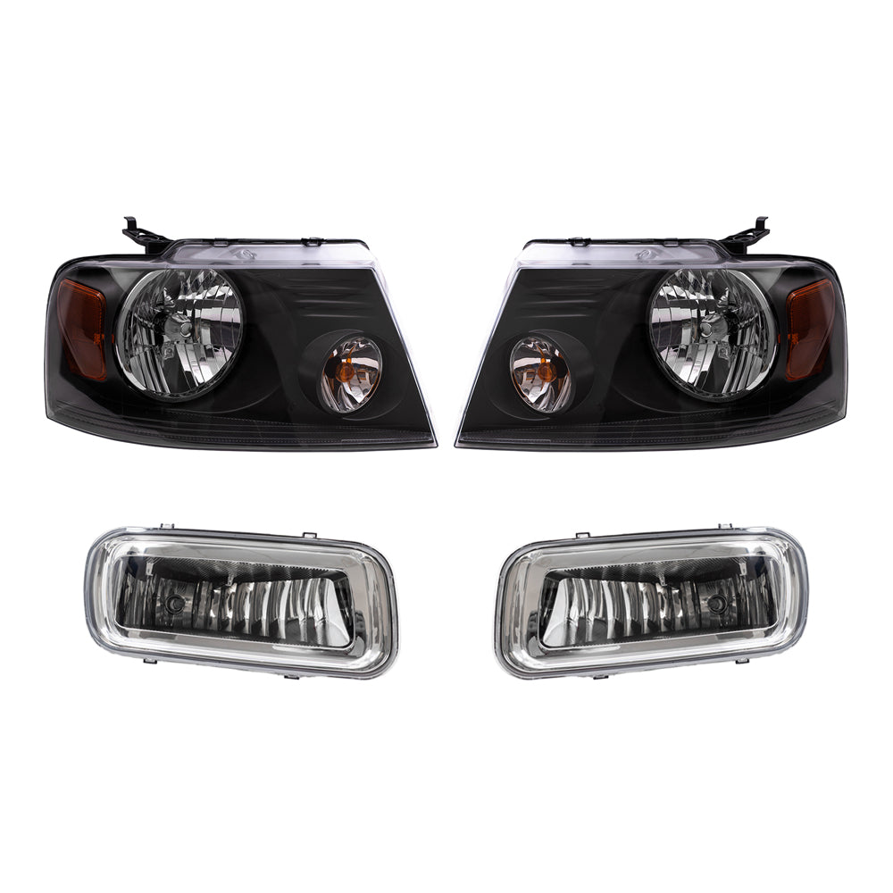 Brock Aftermarket Replacement Driver Left Passenger Right Headlights with Shadow Gray Bezel and Rectangular Fog Lights 4 Piece Set Compatible with 2004-2006 Ford F-150