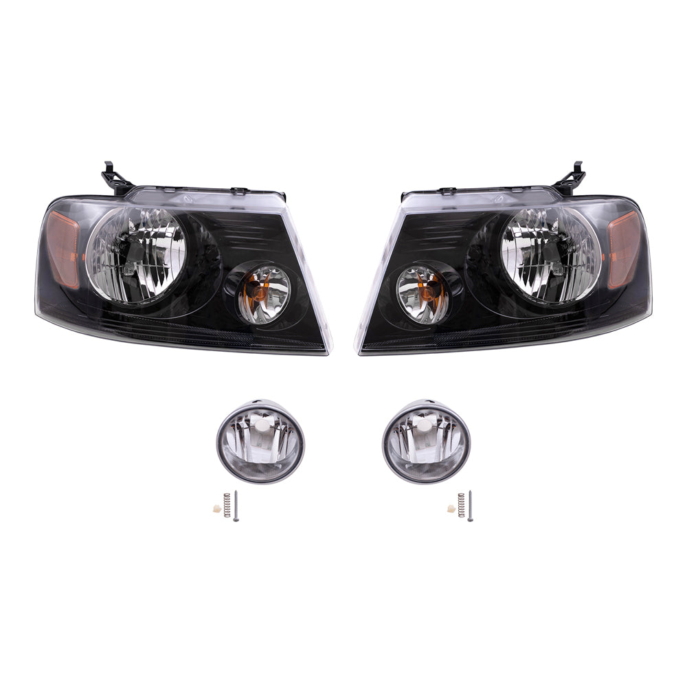 Brock Aftermarket Replacement Driver Left Passenger Right Headlights with Black Bezel and Round Fog Lights 4 Piece Set Compatible with 2006-2008 Ford F-150