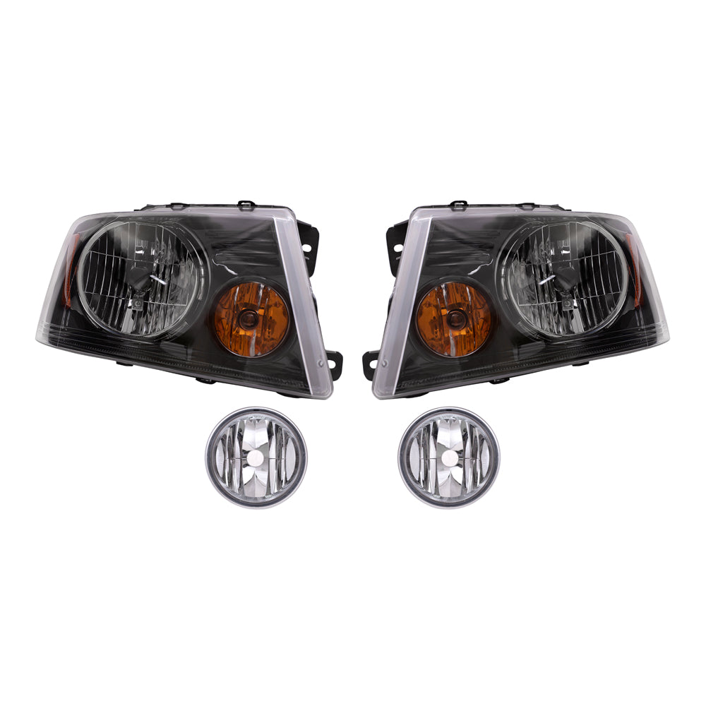 Brock Aftermarket Replacement Driver Left Passenger Right Headlights with Black Bezel and Round Fog Lights 4 Piece Set Compatible with 2006-2008 Ford F-150