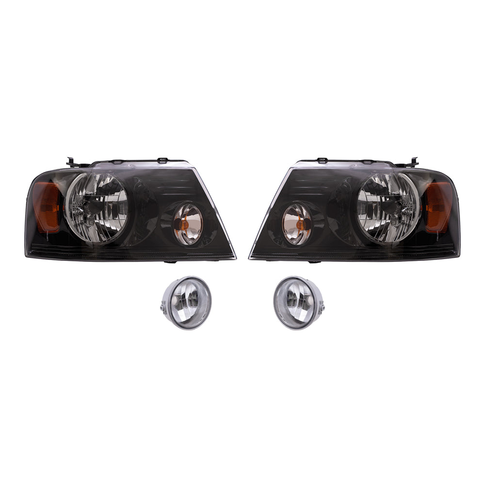 Brock Aftermarket Replacement Driver Left Passenger Right Headlights with Black Bezel and Round Fog Lights 4 Piece Set Compatible with 2006-2008 Ford F-150