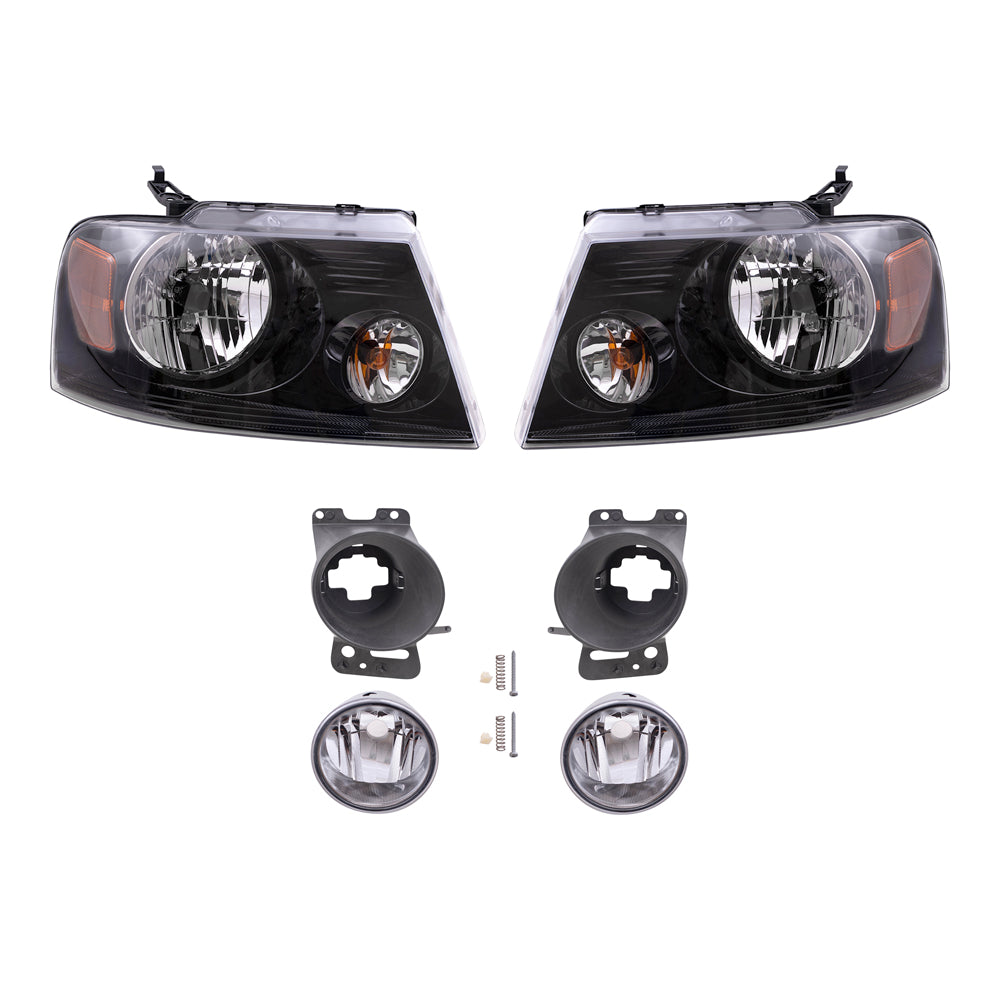 Brock Aftermarket Replacement Driver Left Passenger Right Headlights with Black Bezel-Round Fog Lights-Fog Light Mounting Brackets 6 Piece Set Compatible with 2006-2008 FD F-150