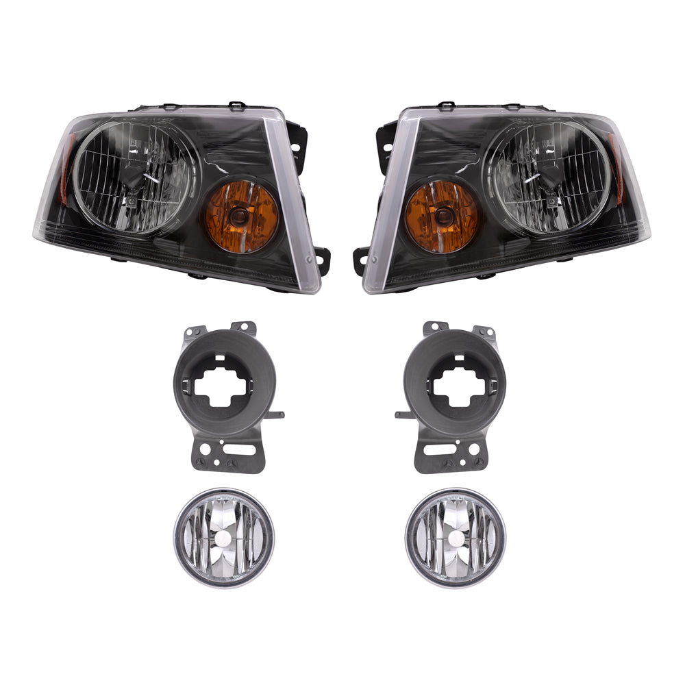 Brock Aftermarket Replacement Driver Left Passenger Right Headlights with Black Bezel-Round Fog Lights-Fog Light Mounting Brackets 6 Piece Set Compatible with 2006-2008 FD F-150