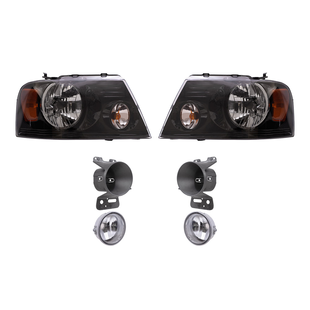Brock Aftermarket Replacement Driver Left Passenger Right Headlights with Black Bezel-Round Fog Lights-Fog Light Mounting Brackets 6 Piece Set Compatible with 2006-2008 FD F-150