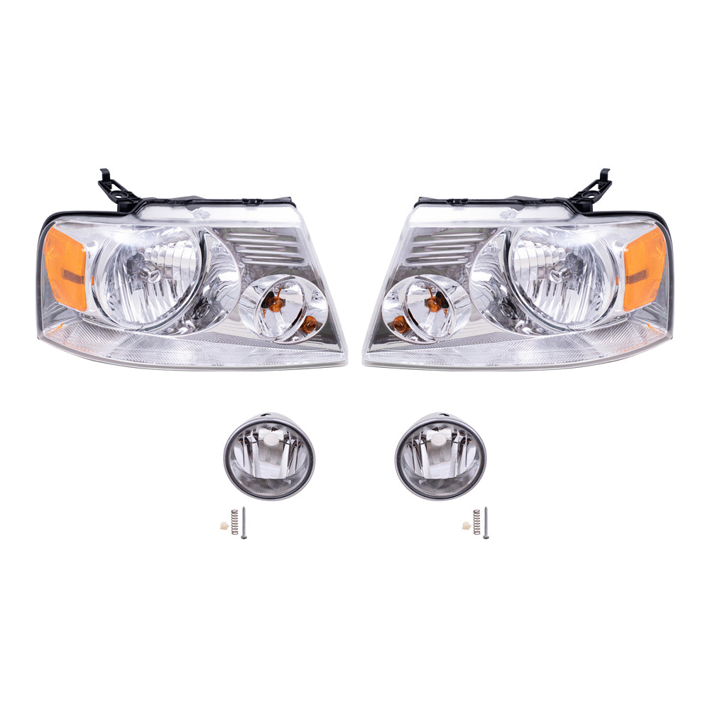 Brock Aftermarket Replacement Driver Left Passenger Right Headlights with Chrome Bezel and Round Fog Lights 4 Piece Set Compatible with 2006-2008 Ford F-150