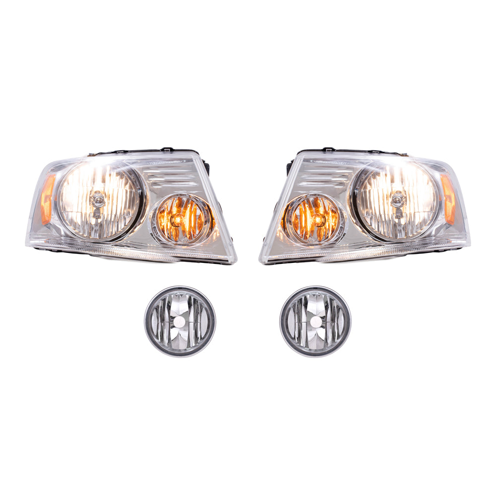 Brock Aftermarket Replacement Driver Left Passenger Right Headlights with Chrome Bezel and Round Fog Lights 4 Piece Set Compatible with 2006-2008 Ford F-150
