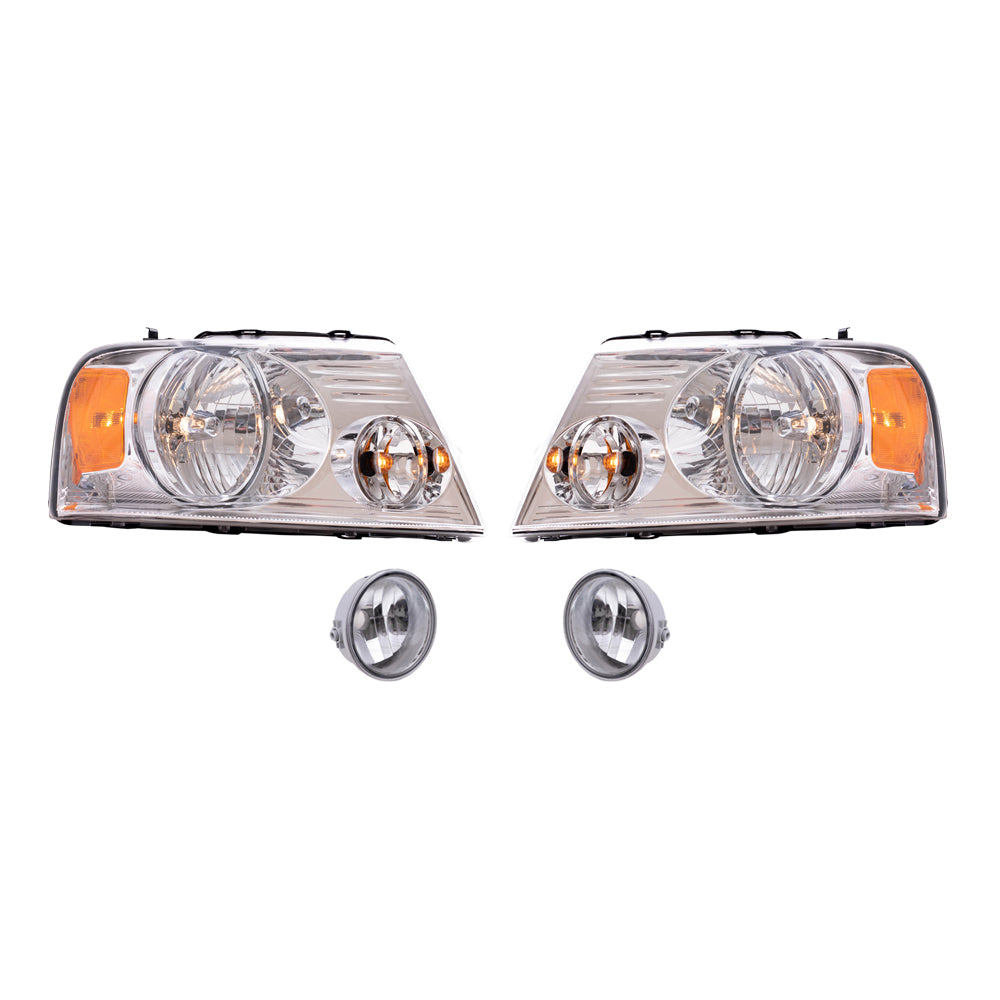 Brock Aftermarket Replacement Driver Left Passenger Right Headlights with Chrome Bezel and Round Fog Lights 4 Piece Set Compatible with 2006-2008 Ford F-150